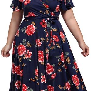 kissmay Plus Size Womens V Neck Floral Cocktail Party Midi Dresses with Pocket